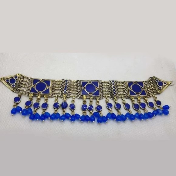 Blue Choker Necklace With Dangling Beads, Handmade Kuchi Necklace, Statement - Picture 5 of 6